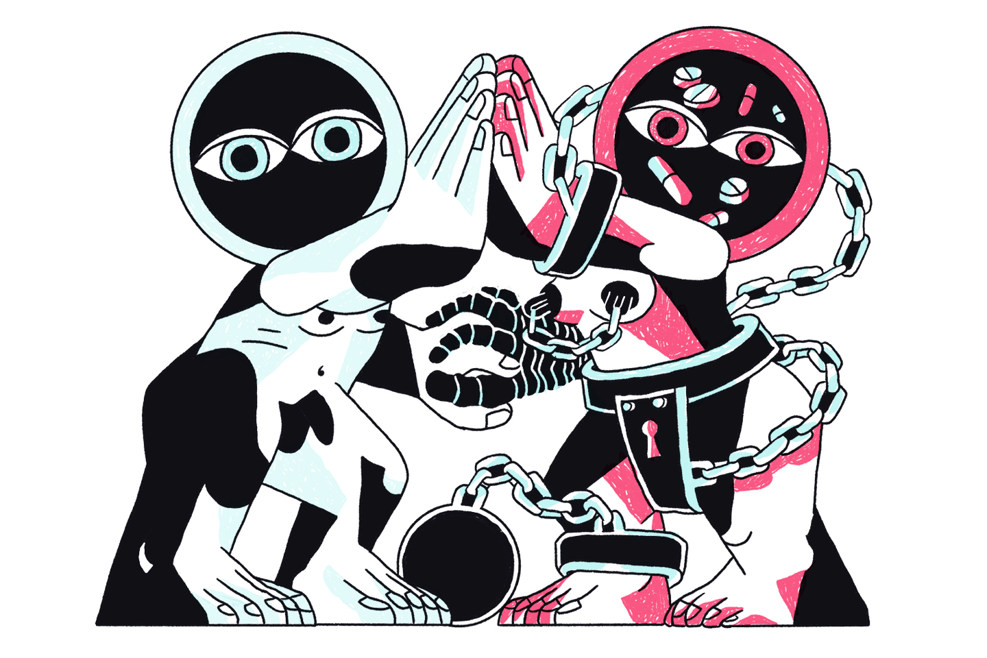 Illustration of a woman, decorated with contraceptive pills, chained to a man.